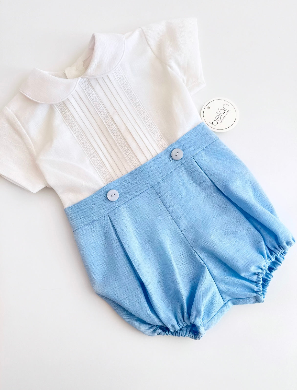 Belan couture white & blue shirt and short bustier suit
