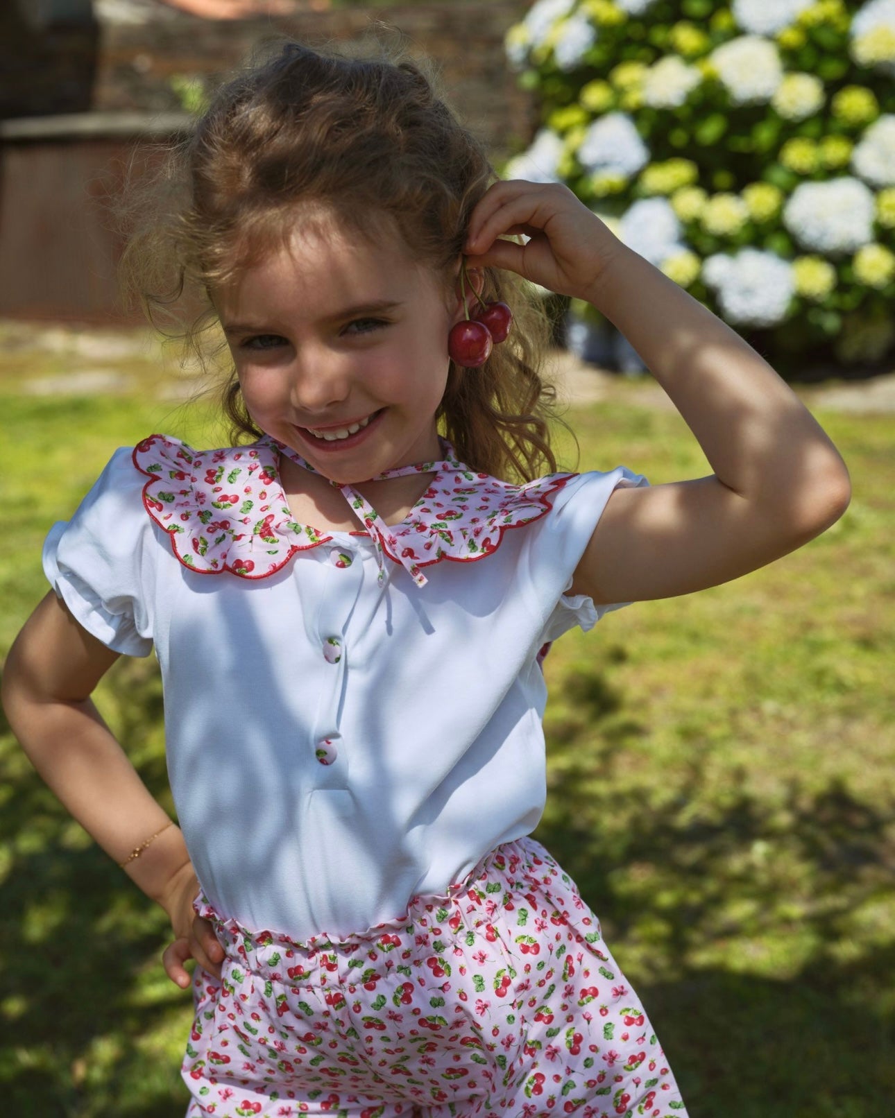 Deolinda girls pink & red cherries blouse and short set