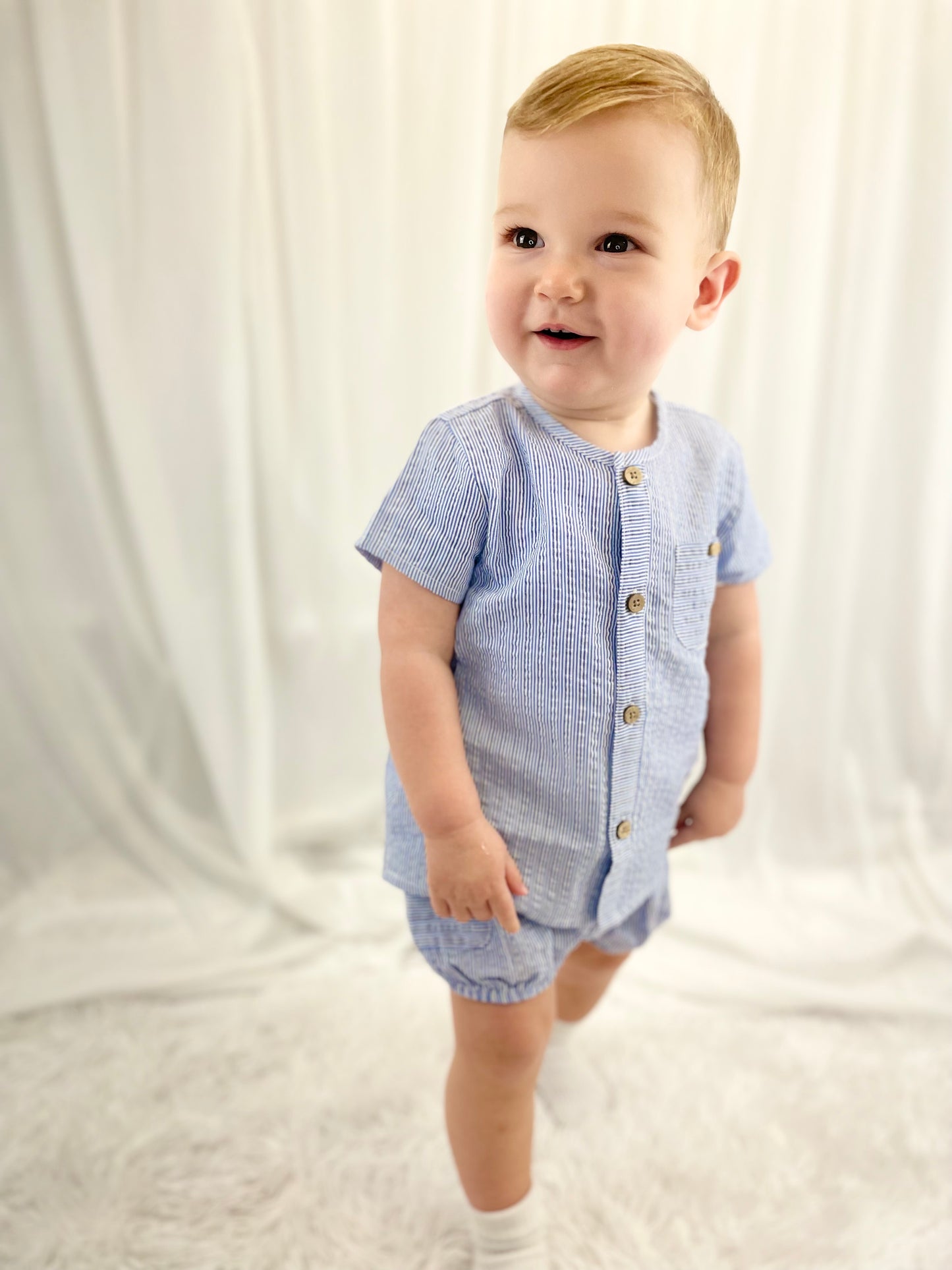 Mayoral blue stripe cotton short & shirt 3 piece set