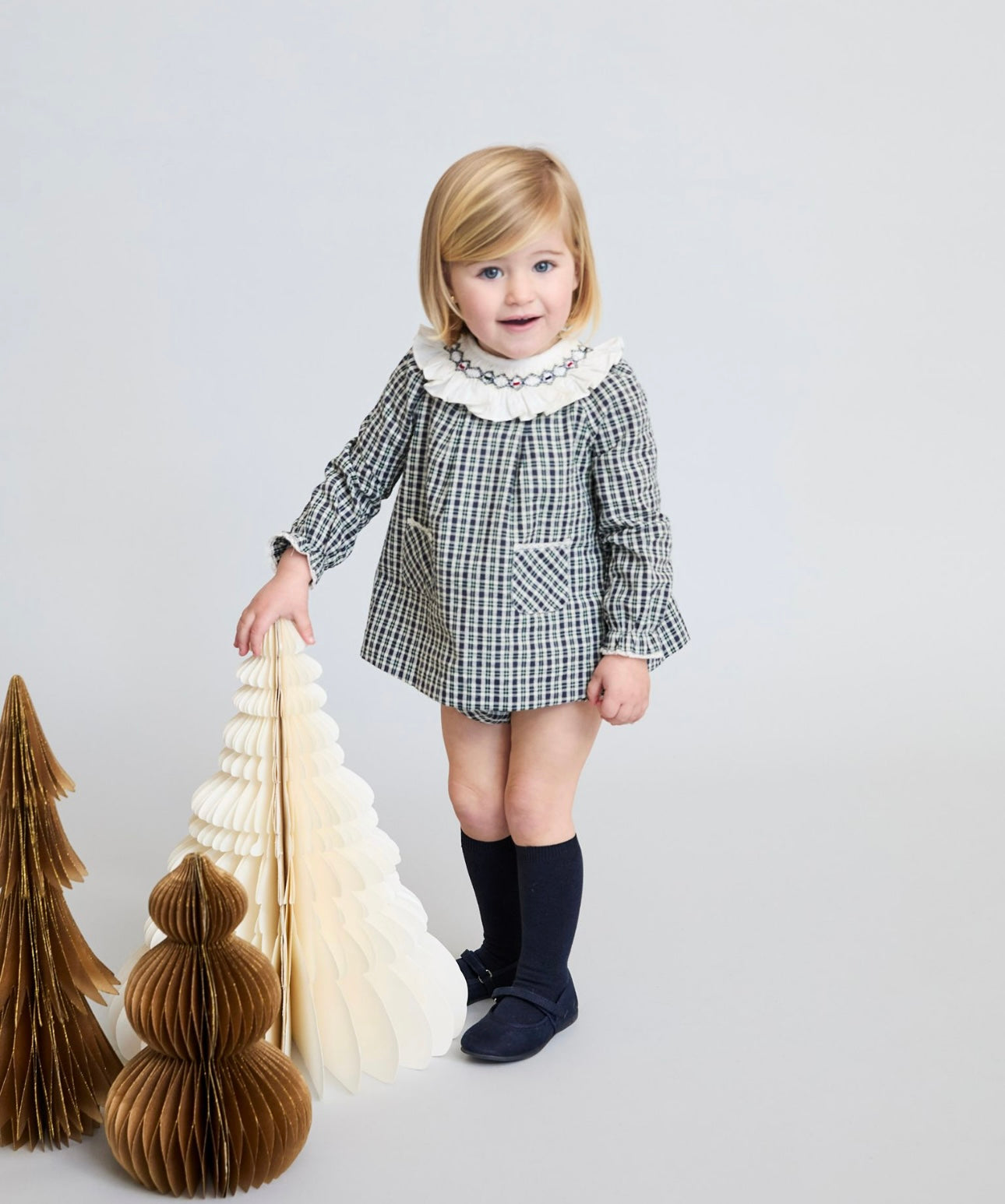 Martin Aranda navy & ivory check smocked dress set