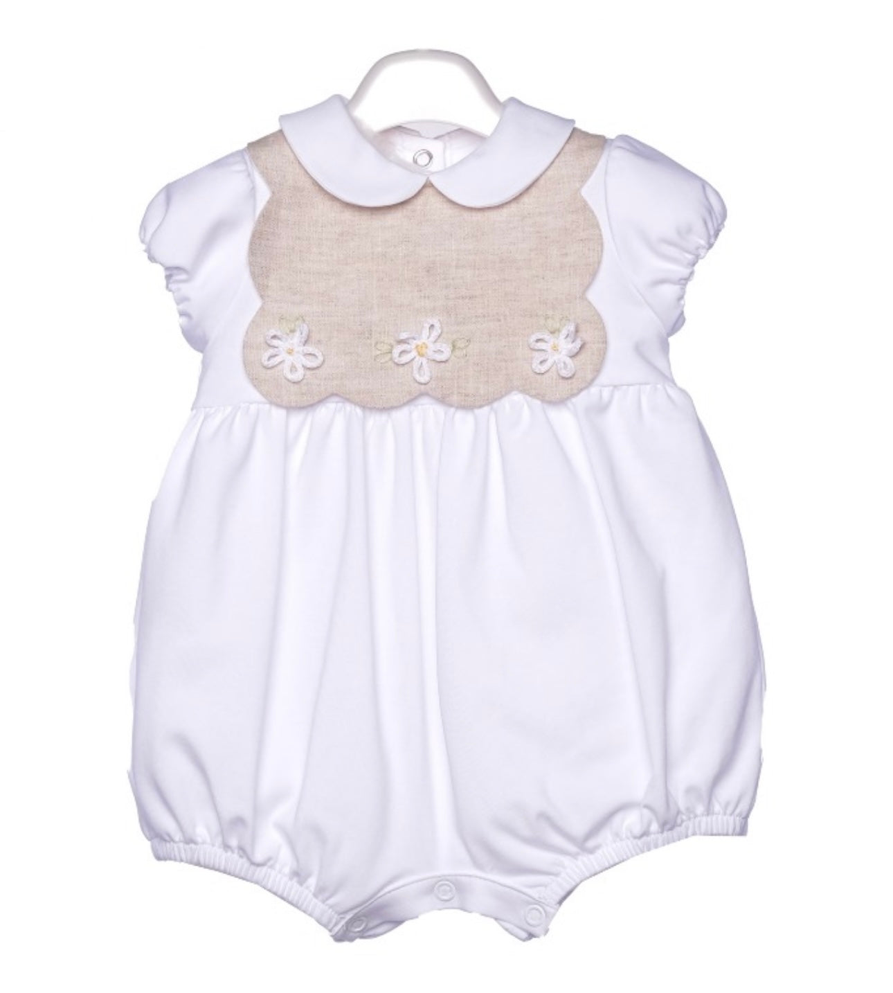 Bimbalo white cotton romper with beige daisy bib detailing