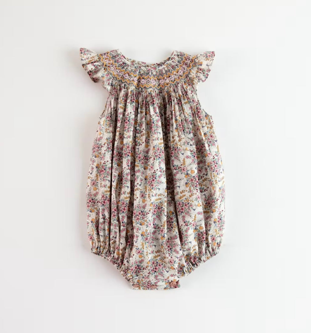 Belan couture plum liberty print smocked romper