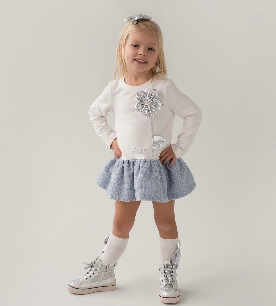 Daga blue mirage frilled tweed t-shirt dress