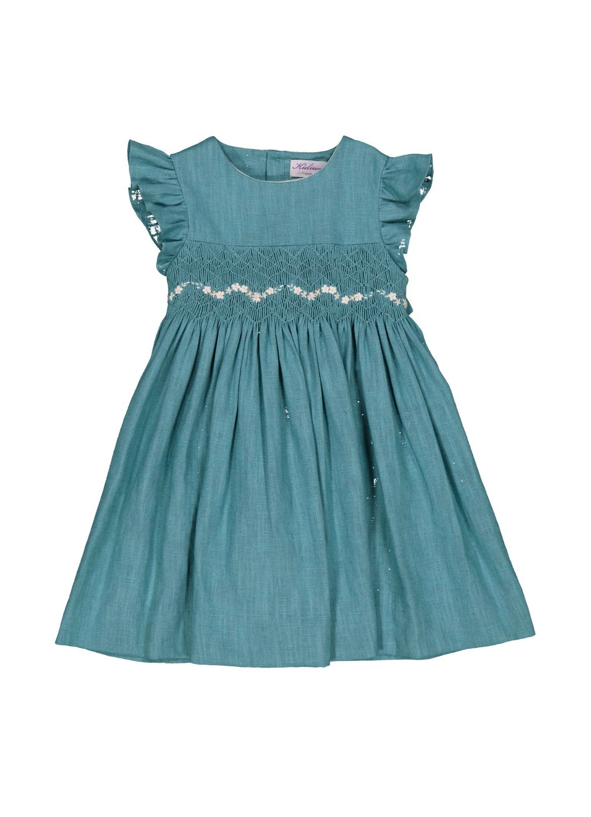 Kidiwi girls teal blue smocked linen dress