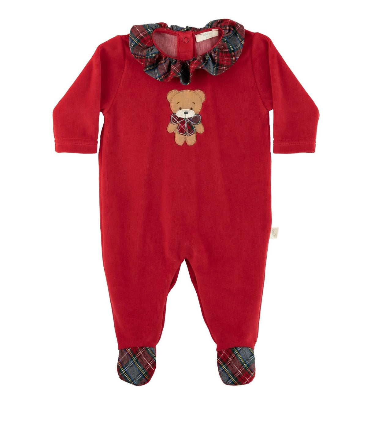 Baby Gi red velour tartan teddy baby grow