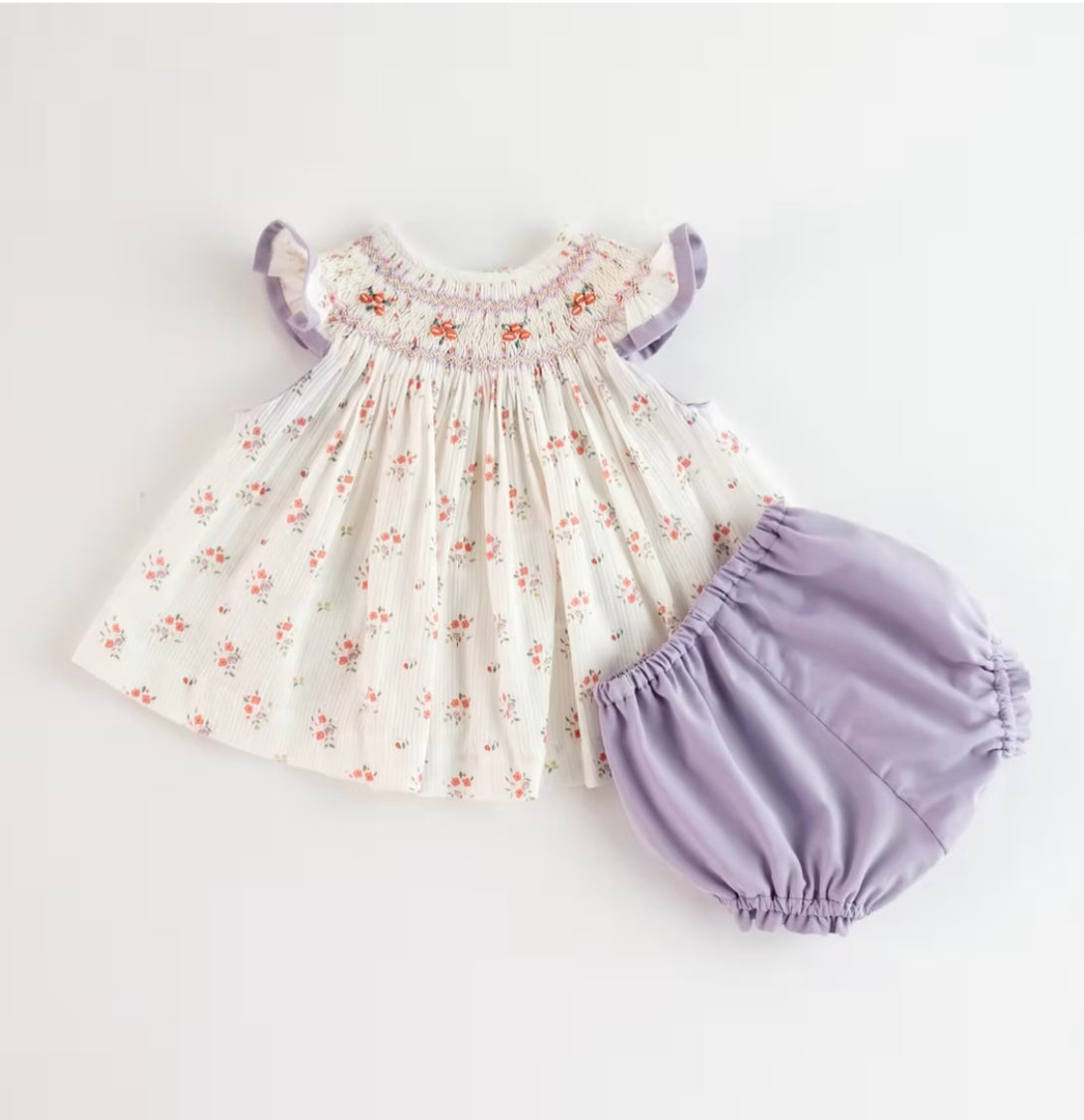 Belan couture lilac floral smocked dress & pant set