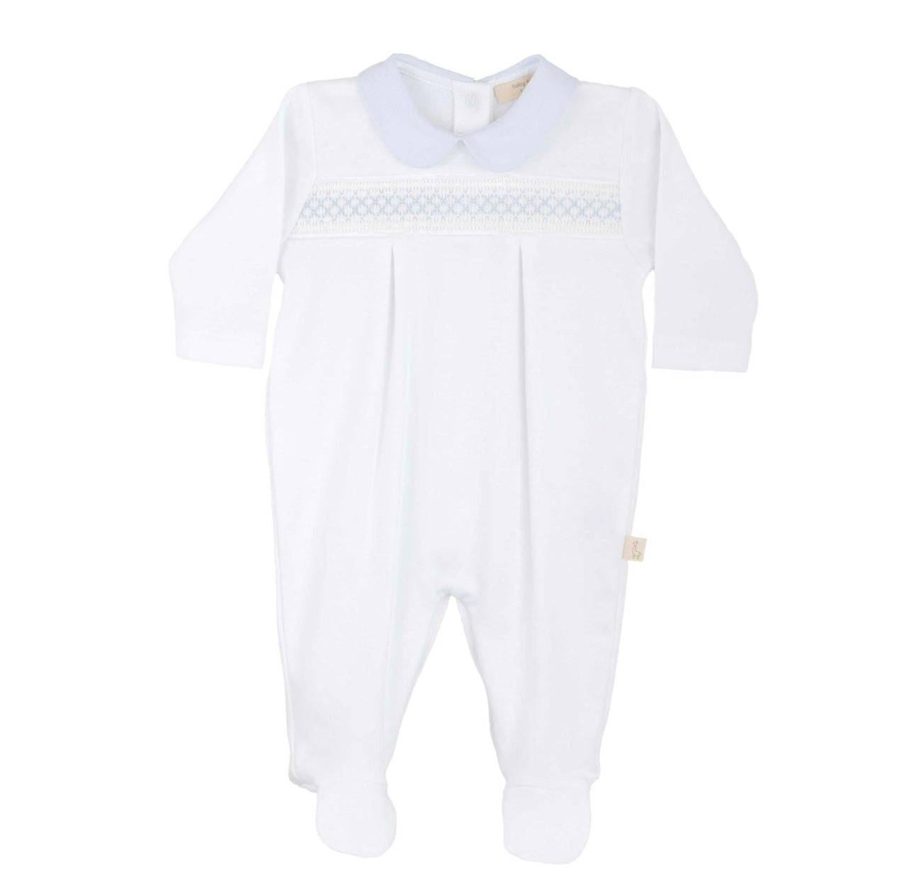 Baby Gi white & blue cotton smocked babygrow