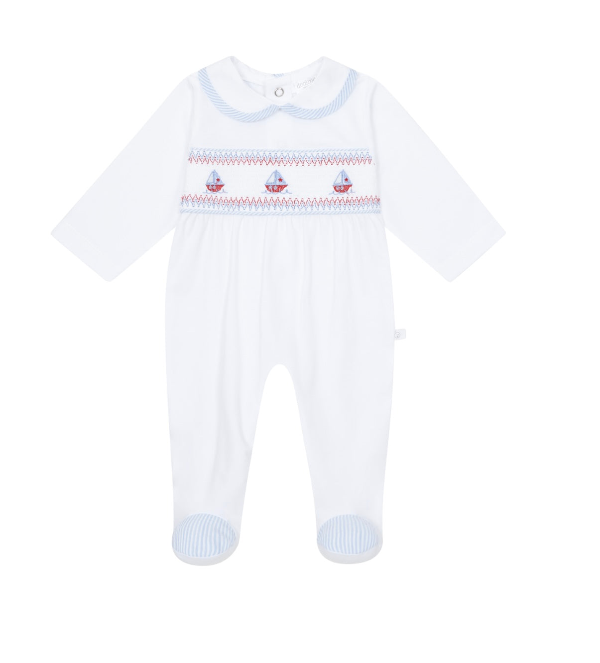 Deolinda white & blue boat smocked cotton babygrow