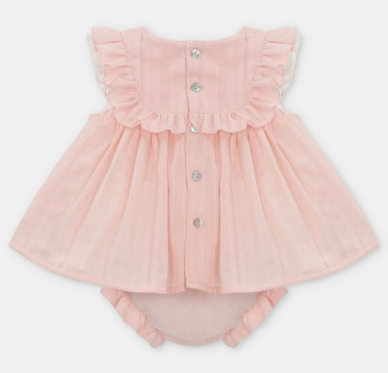 Martin Aranda pink frilled cotton dress, pant, and bonnet set