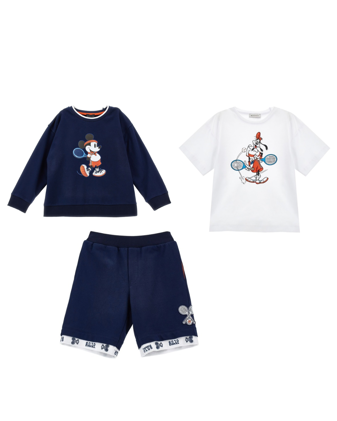 Monnalisa navy tennis mickey sweater, short, and T-shirt set