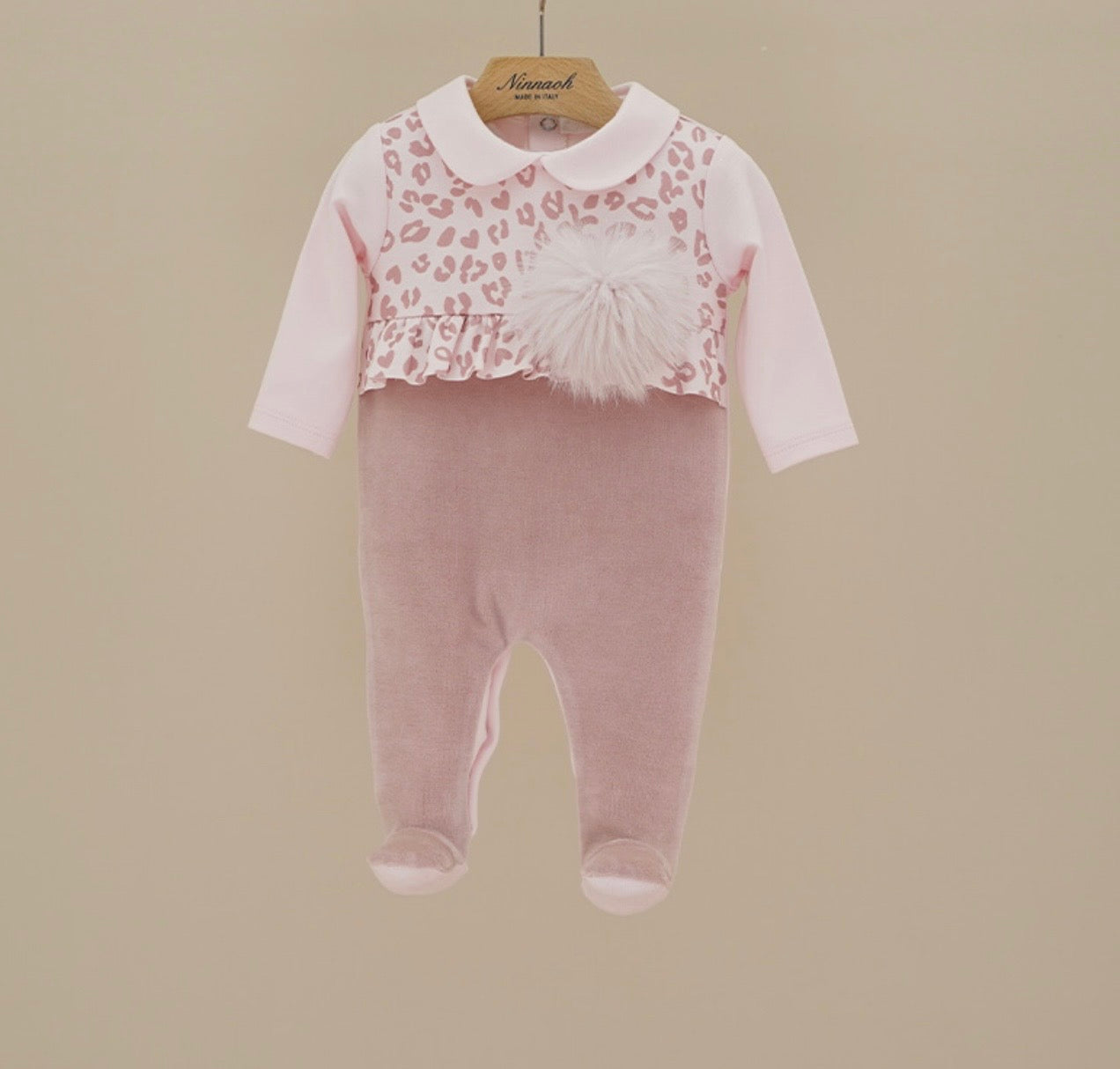 PRE ORDER - Ninnaoh pink leopard Pom-pom babygrow