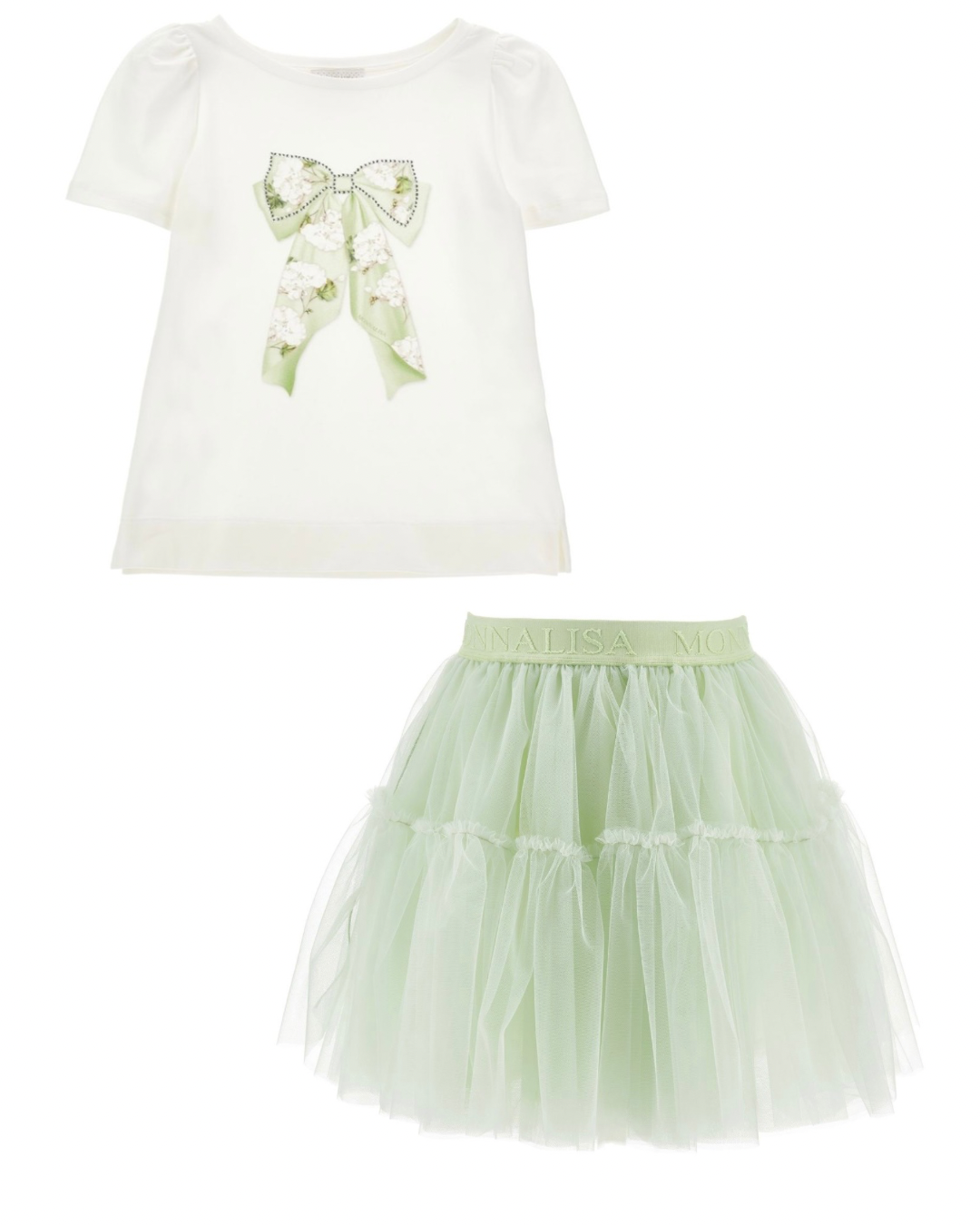 PRE ORDER - monnalisa pistachio floral now tulle skirt set