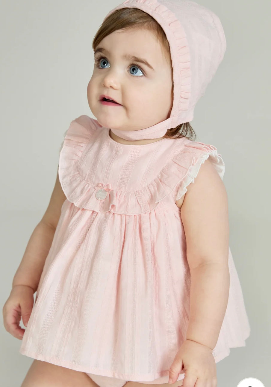 Martin Aranda pink frilled cotton dress, pant, and bonnet set