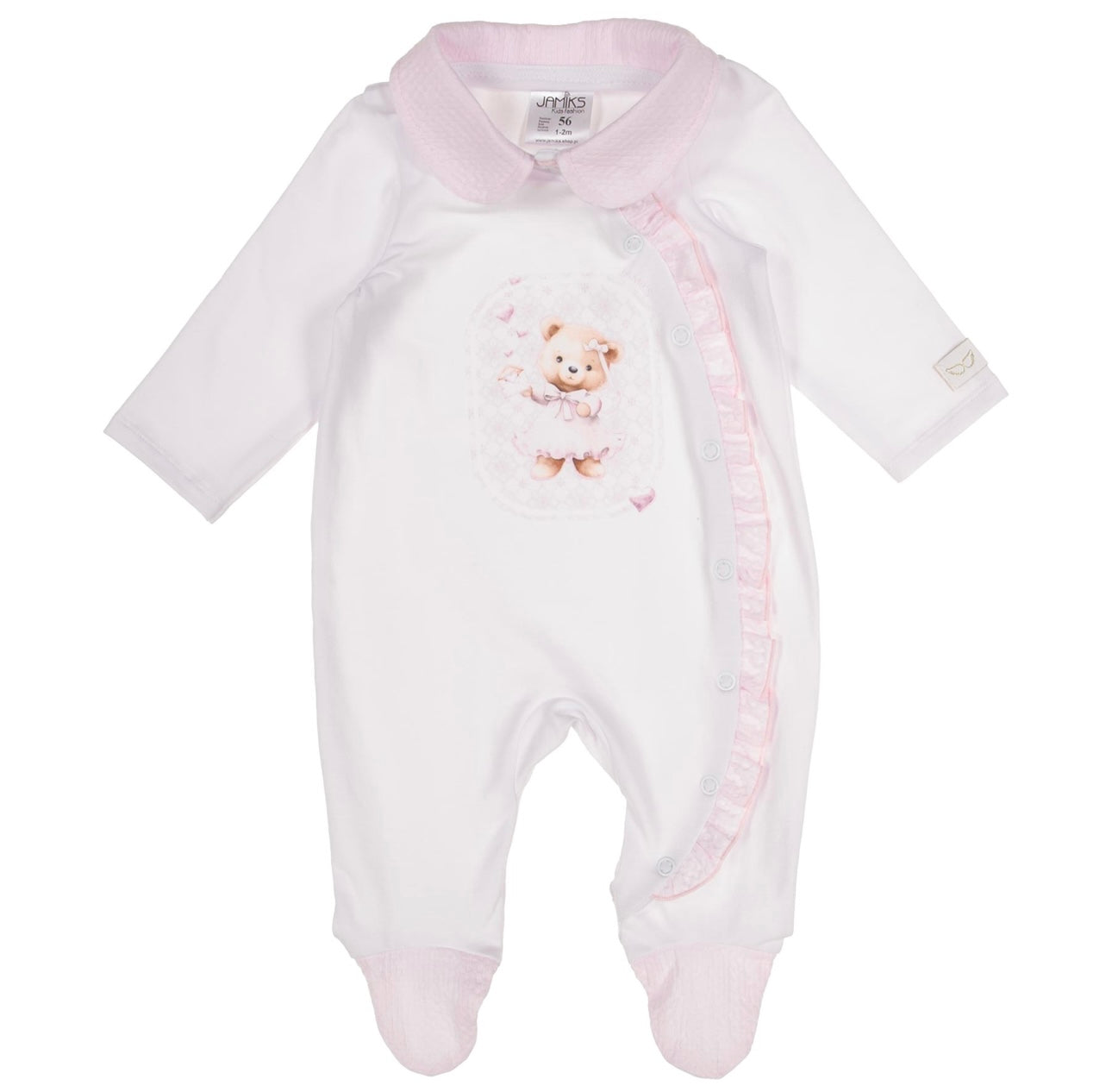 Jamiks white & pink frilled teddy bear babygrow