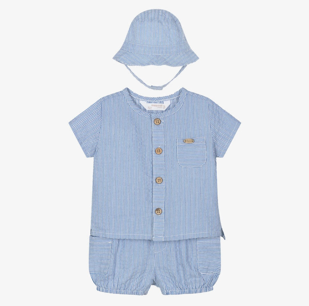 Mayoral blue stripe cotton short & shirt 3 piece set