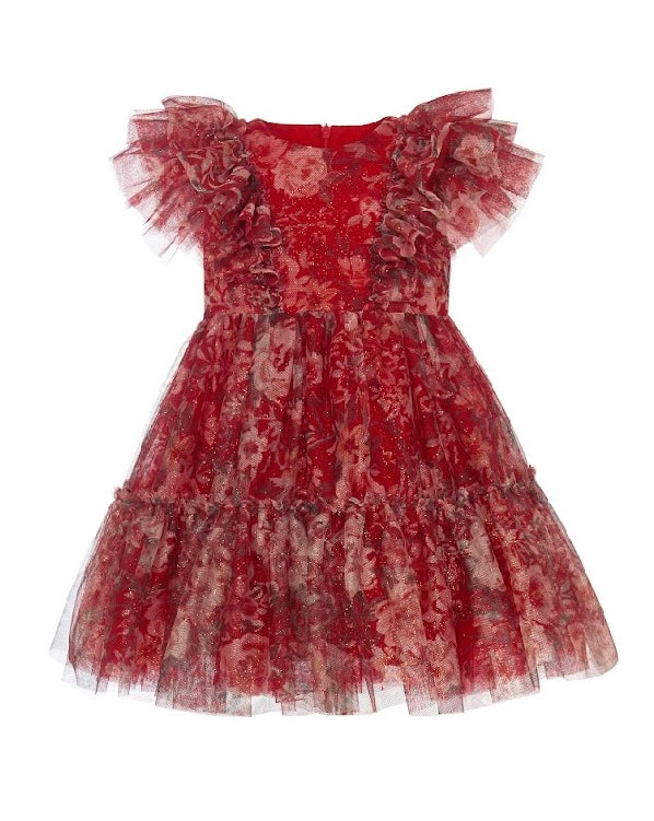 Balloon chic red floral tulle dress