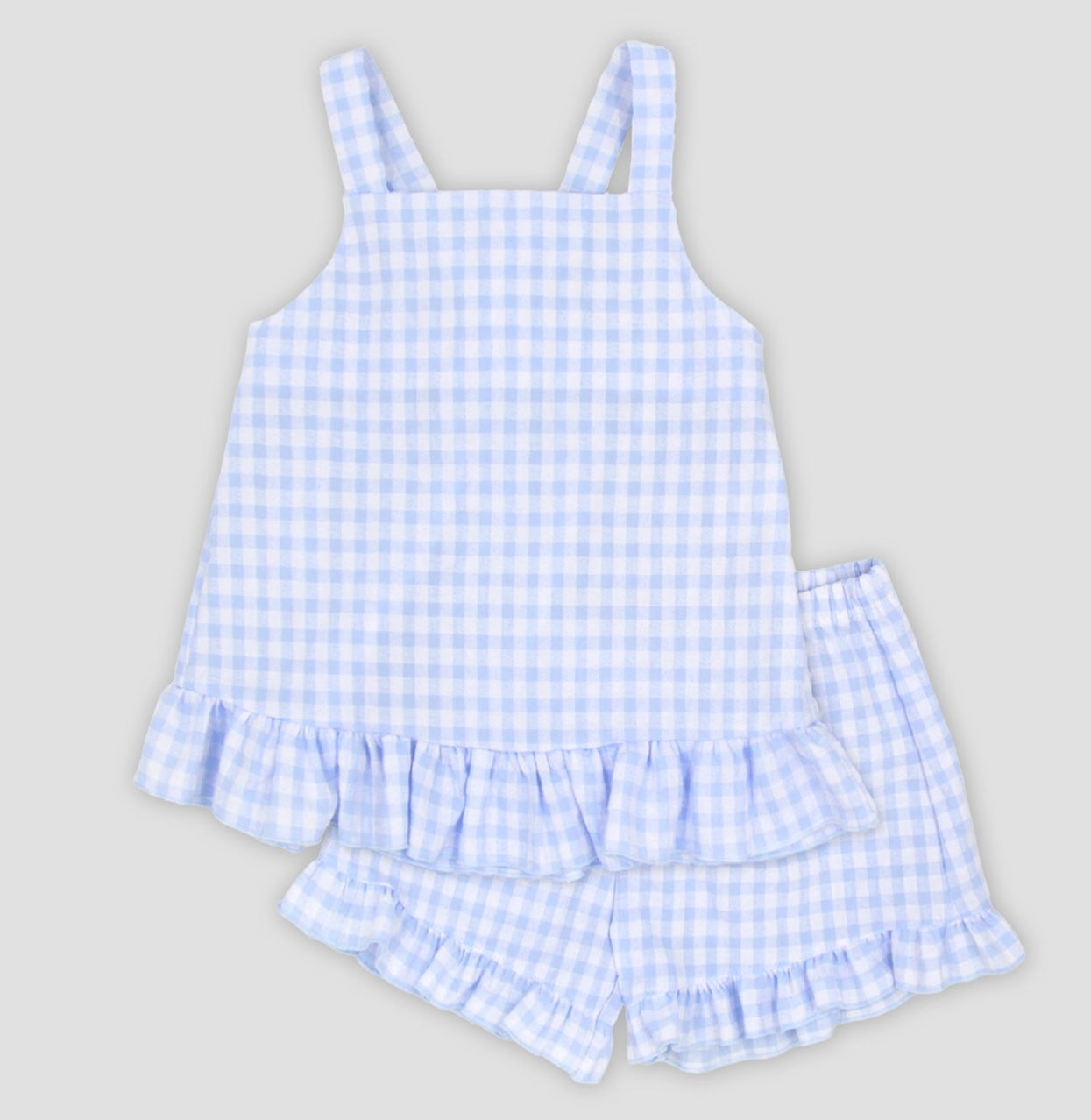 Rapife blue gingham frilled blouse & short set