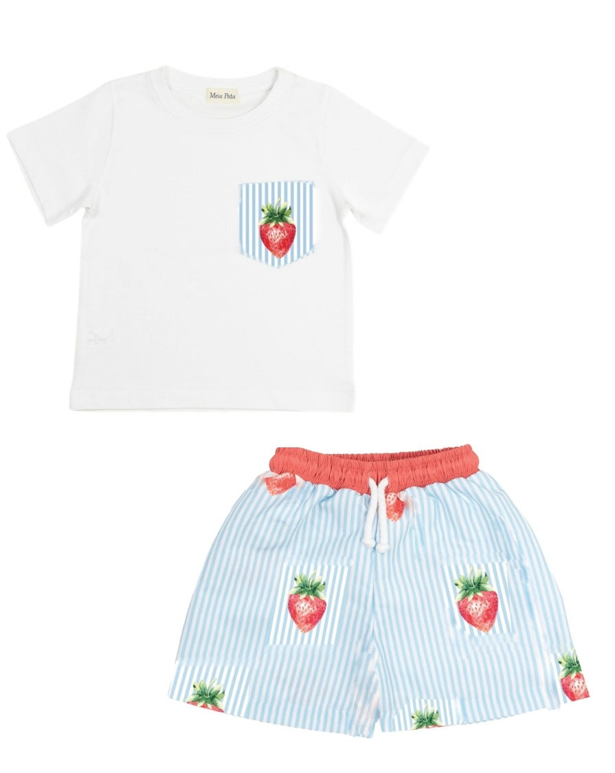 PRE ORDER - meia pata strawberry stripe boys trunk & t-shirt swim set