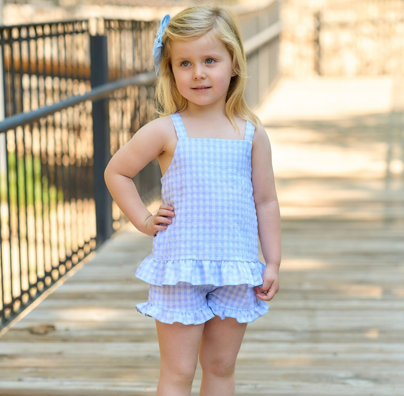 Rapife blue gingham frilled blouse & short set