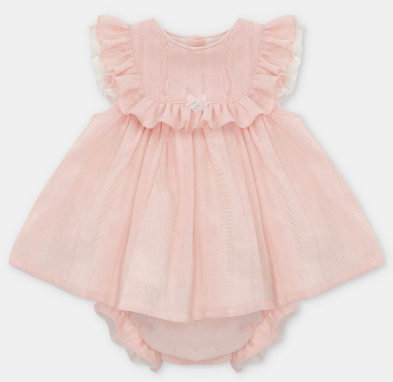 Martin Aranda pink frilled cotton dress, pant, and bonnet set