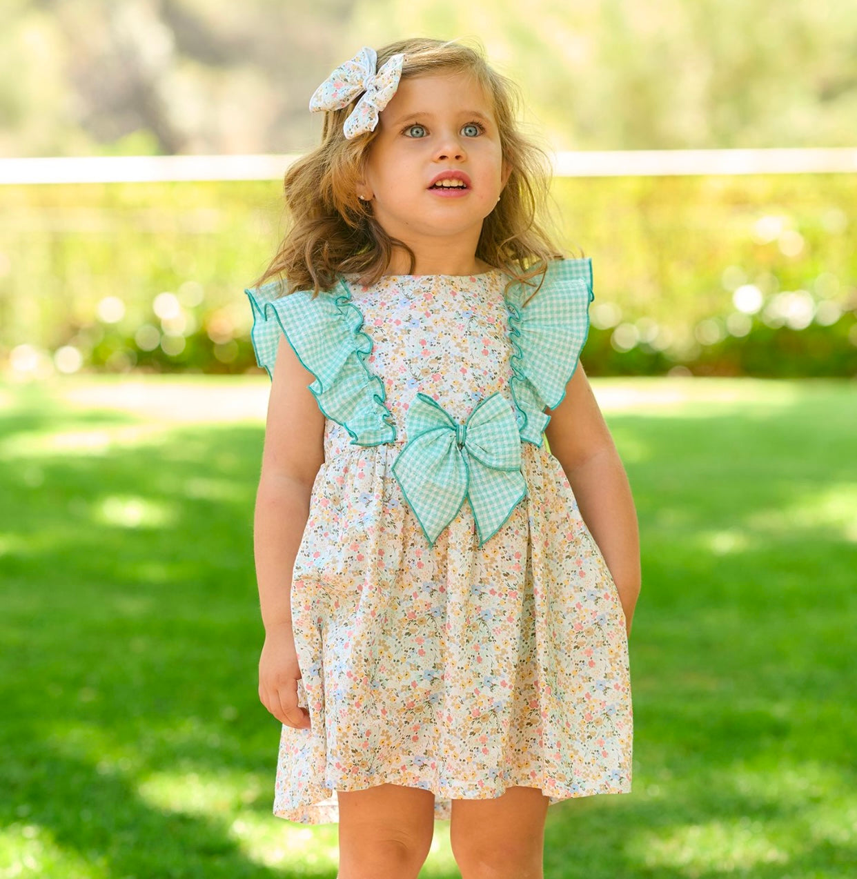 Rapife green & yellow floral bow dress set