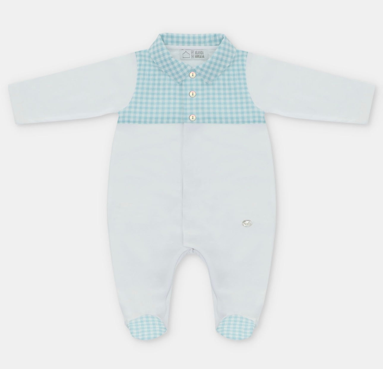 Martin Aranda boys aqua gingham & white babygrow