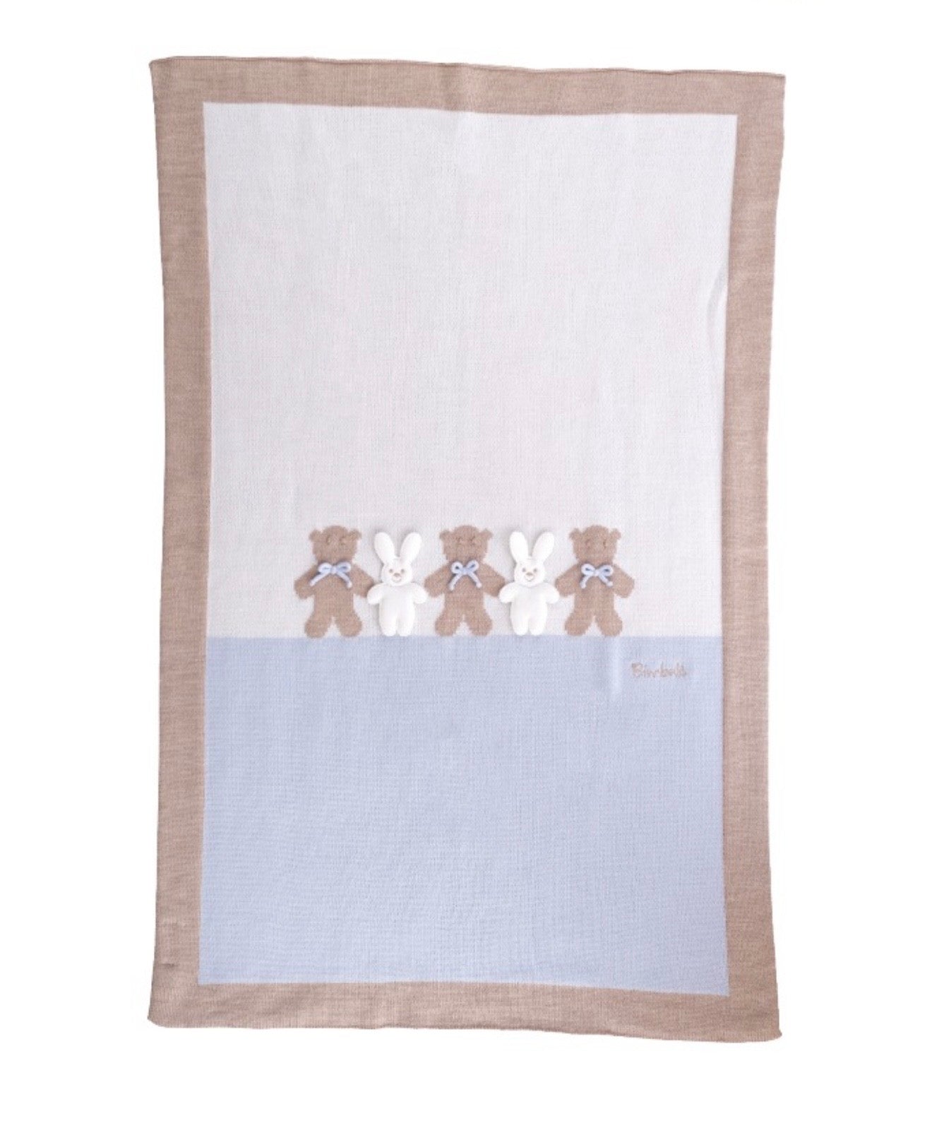 PRE ORDER - Bimbalo knitted beige & blue teddy and bunny blanket