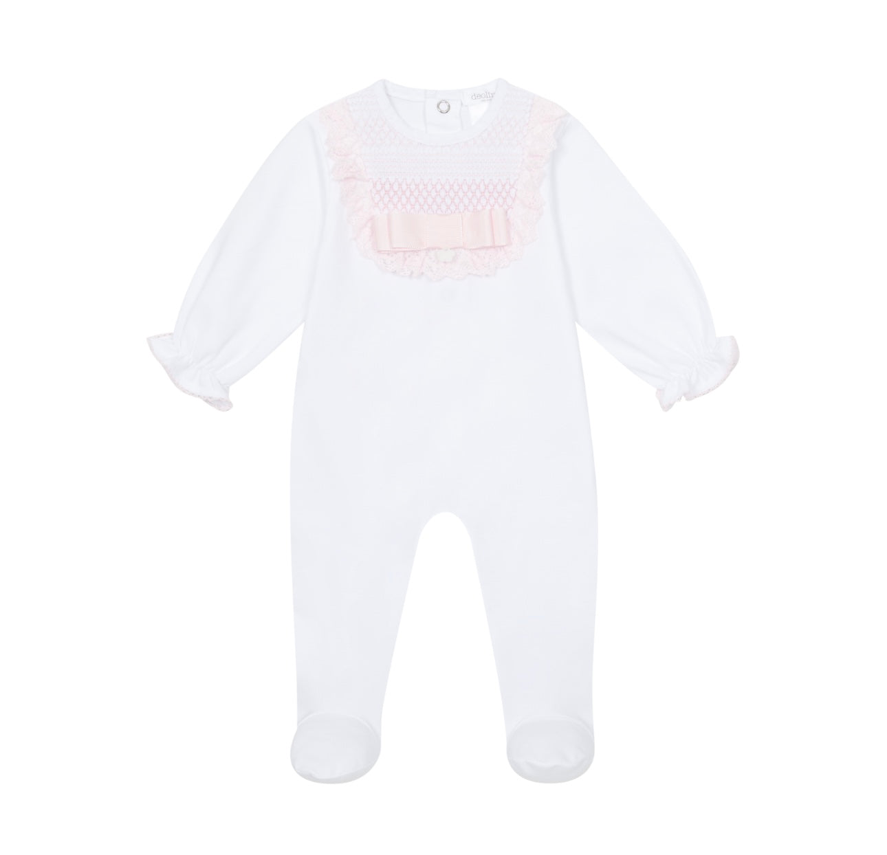Deolinda pink & white smocked bow babygrow