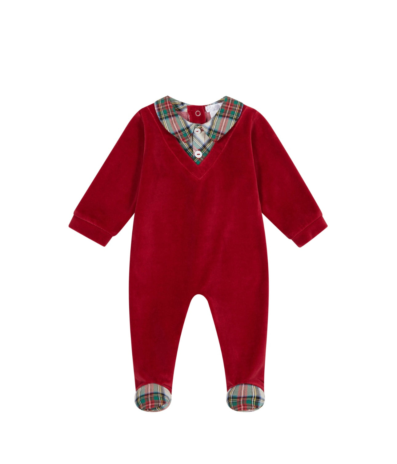Deolinda red velour tartan baby grow