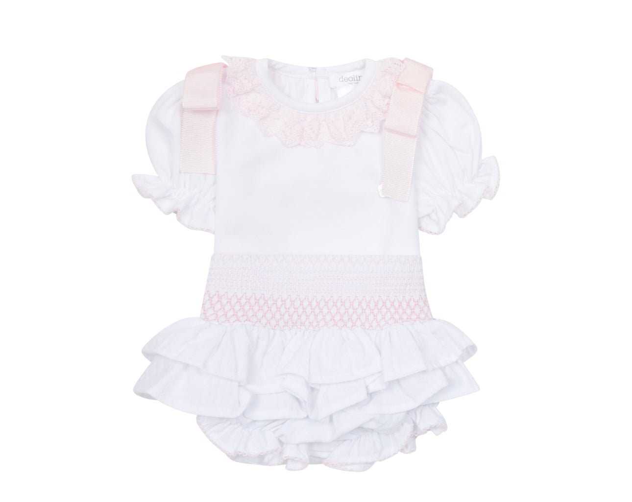 Deolinda pink & white cotton smocked bow jam pant set