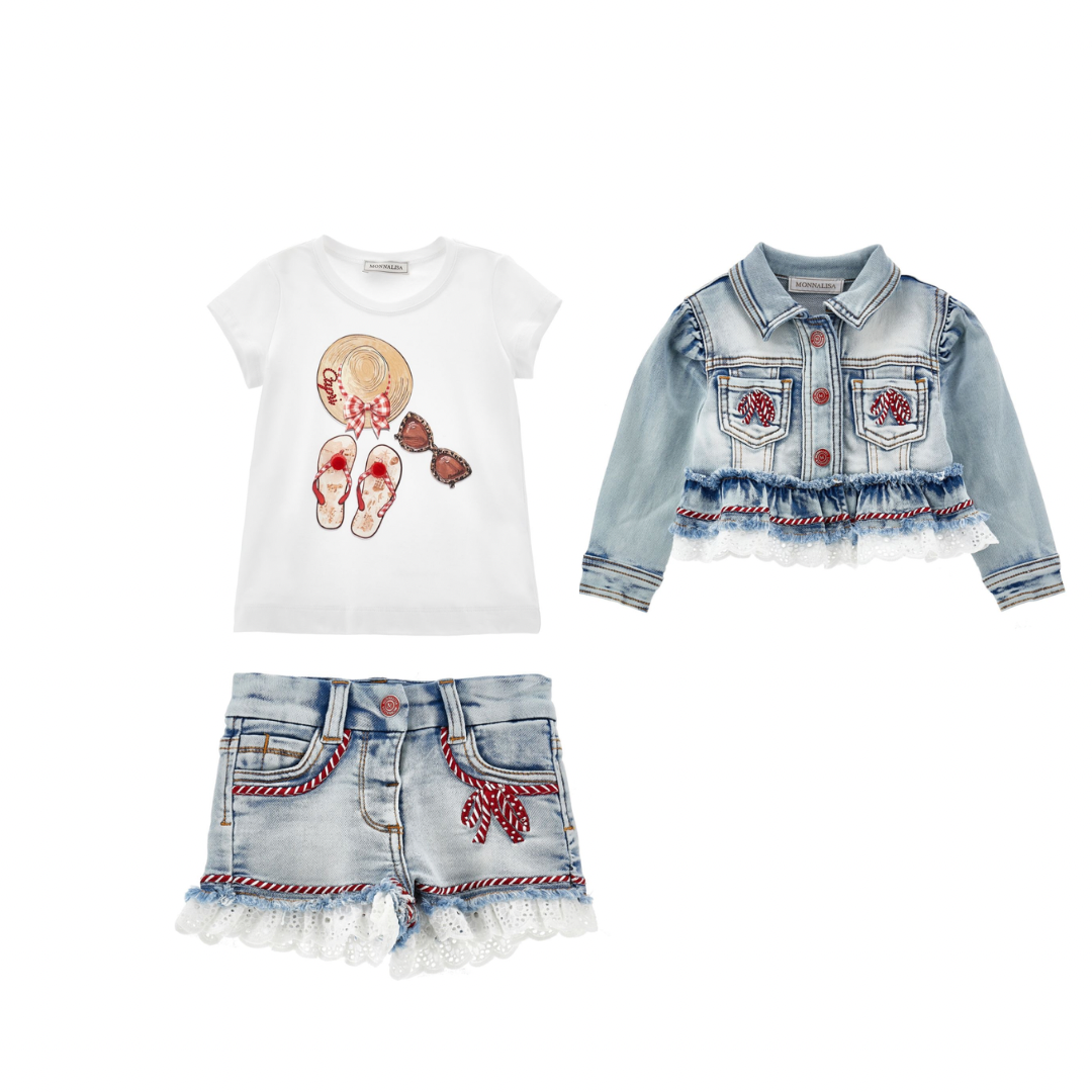 Monnalisa red bow denim 3 piece set