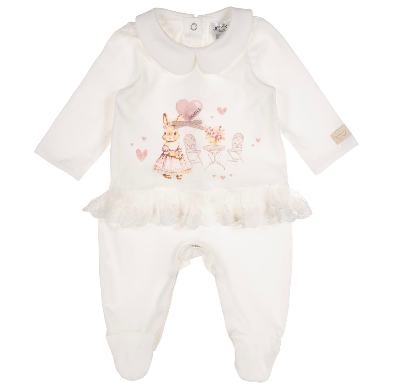 Jamiks pink & white lace frilled bunny babygrow