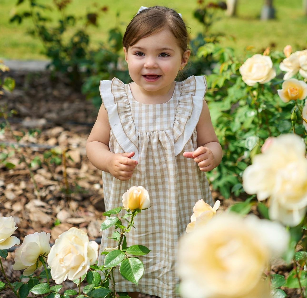Rapife beige & white gingham frilled dress