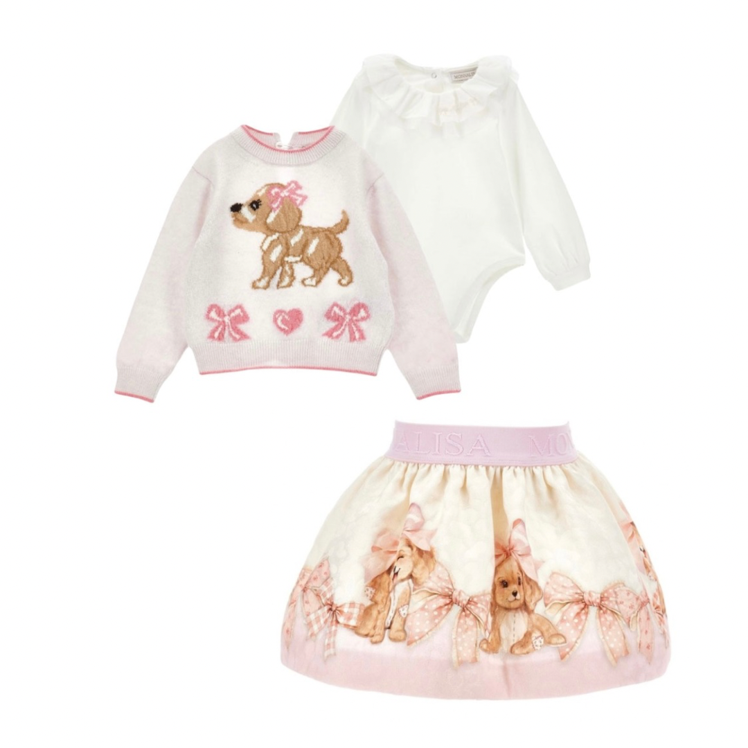 monnalisa pink bow puppy jumper, body & skirt set