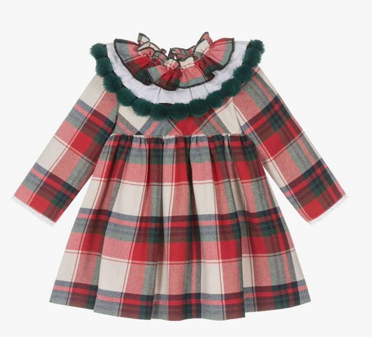 Foque girls red tartan Pom Pom dress