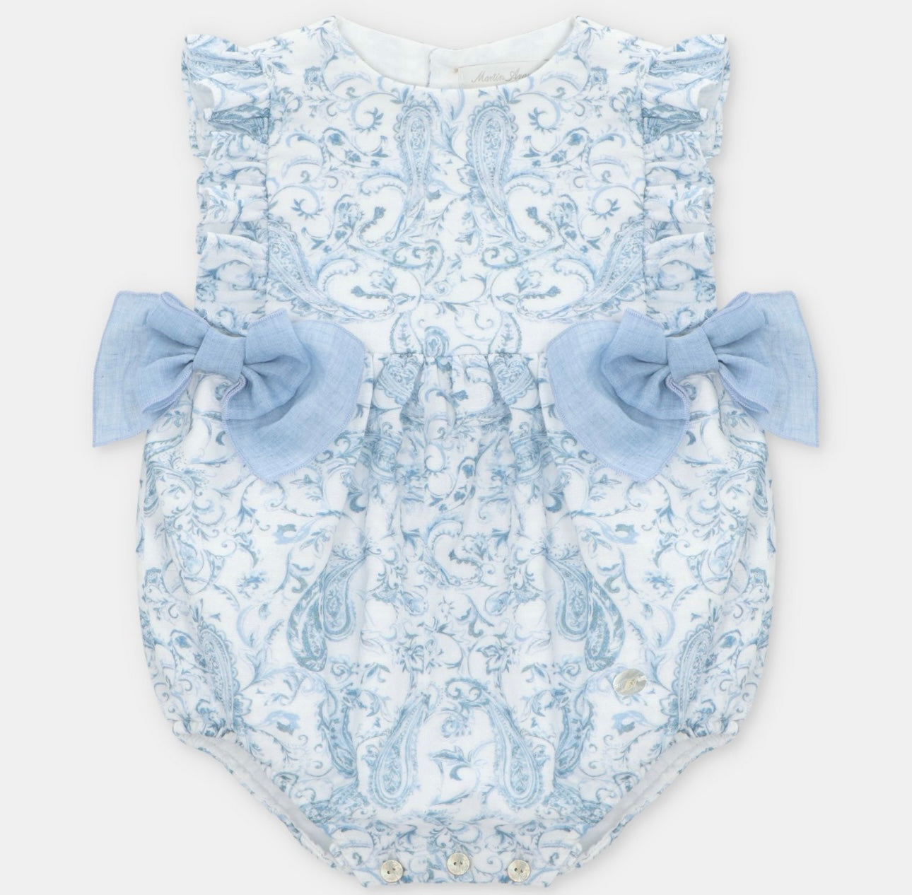 Martin Aranda blue & white paisley bow detail romper