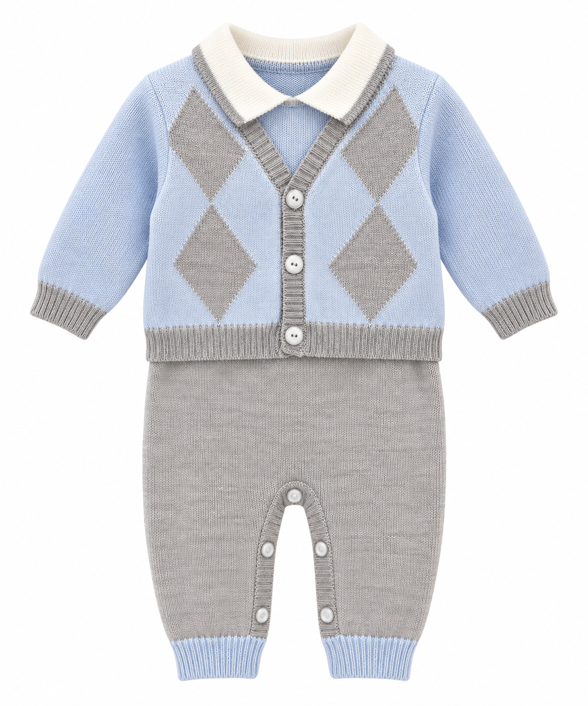 Bimbalo grey & blue knitted diamond babygrow