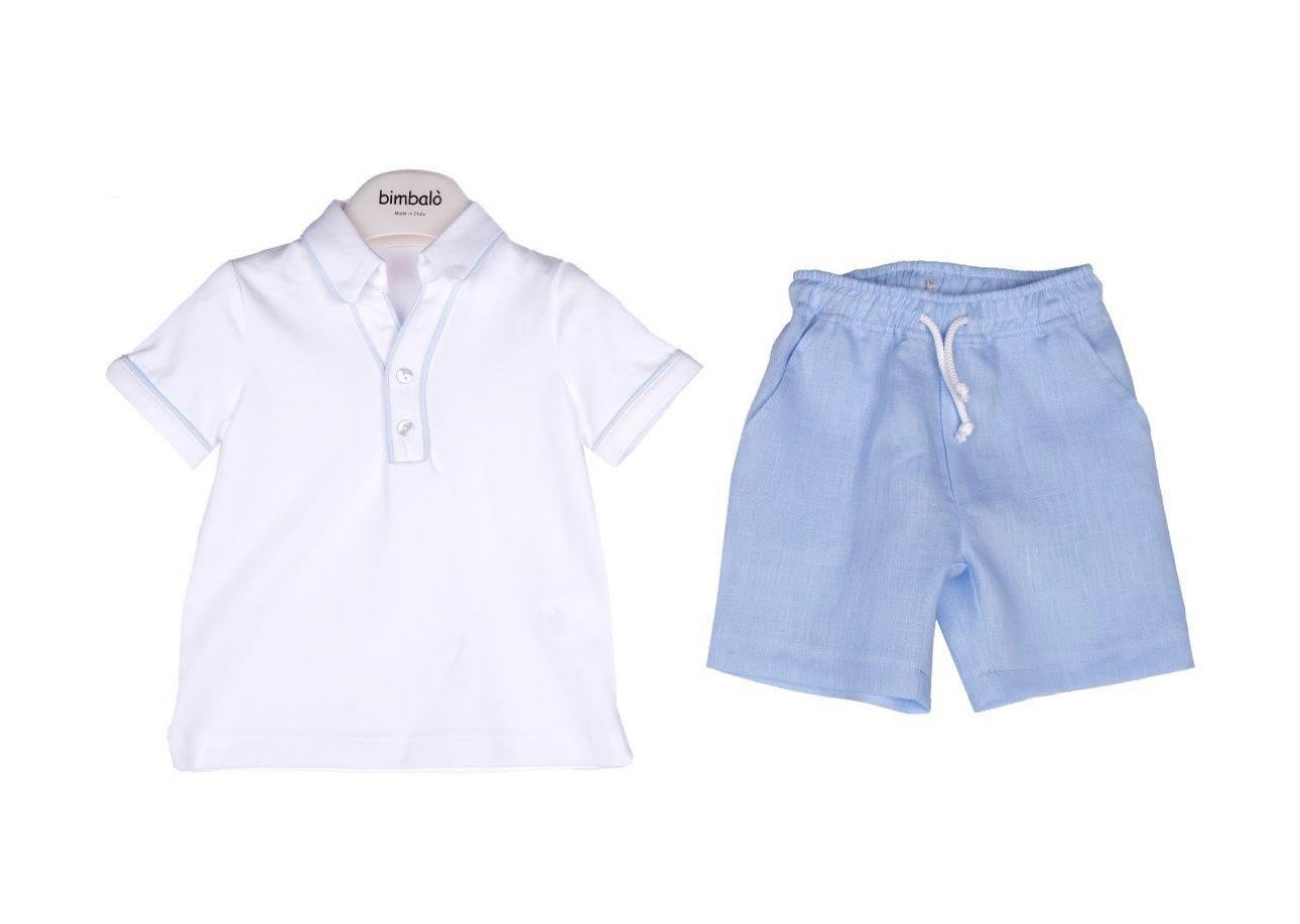 Bimbalo blue & white polo shirt and linen short set
