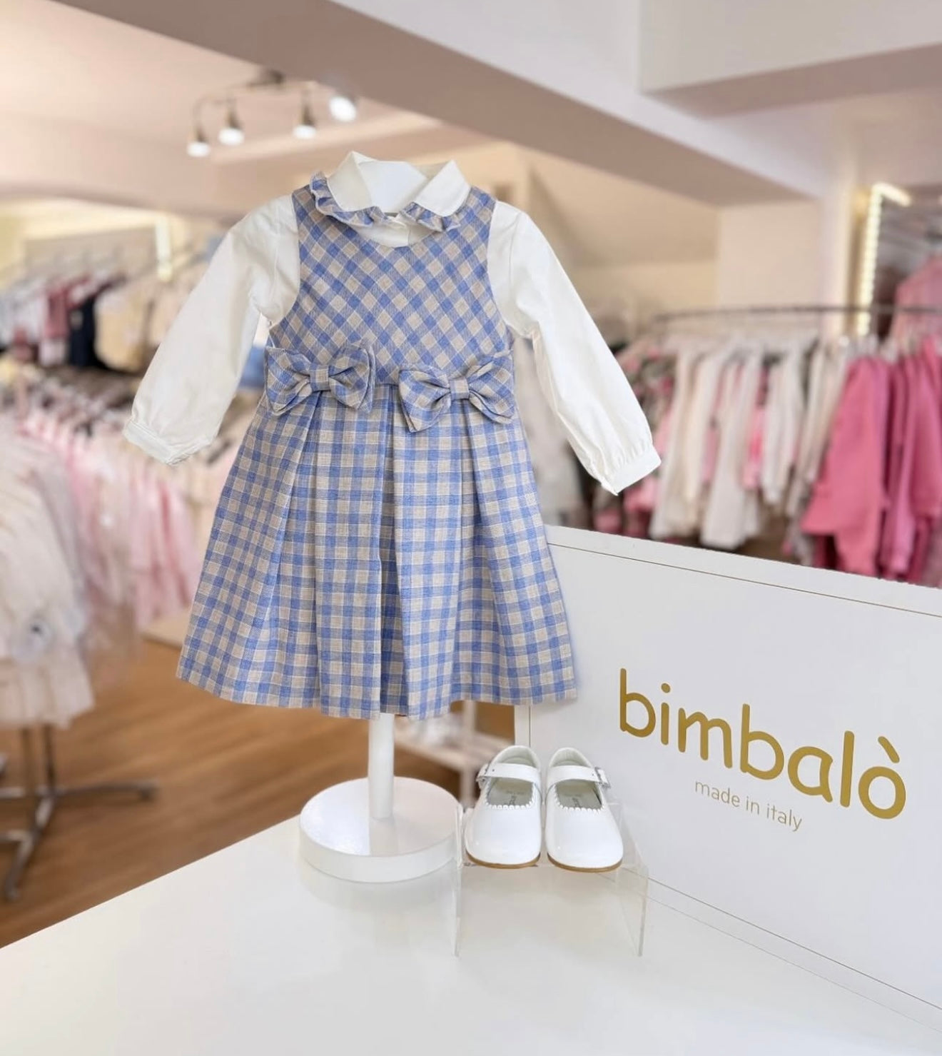 Bimbalo blue & beige pinafore and blouse set