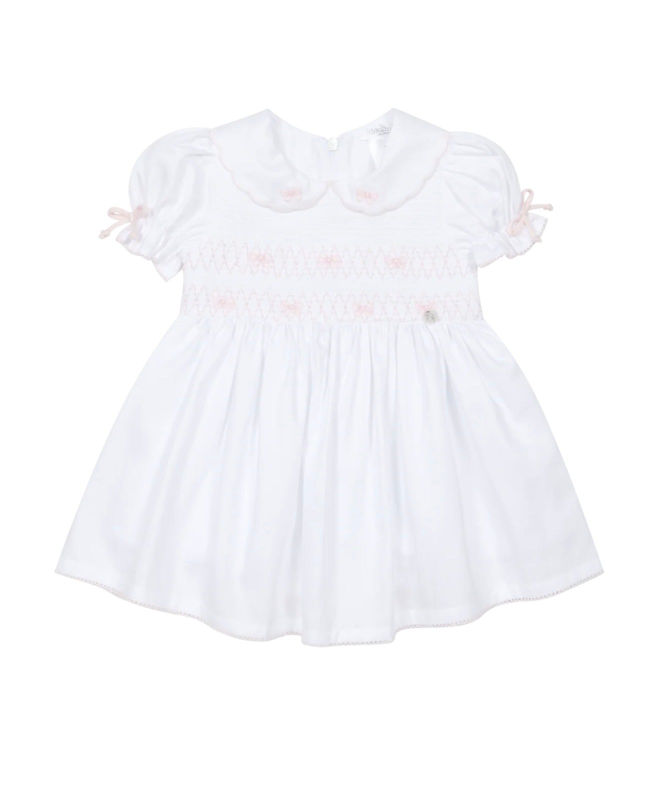 Deolinda white & pink bow smocked cotton dress