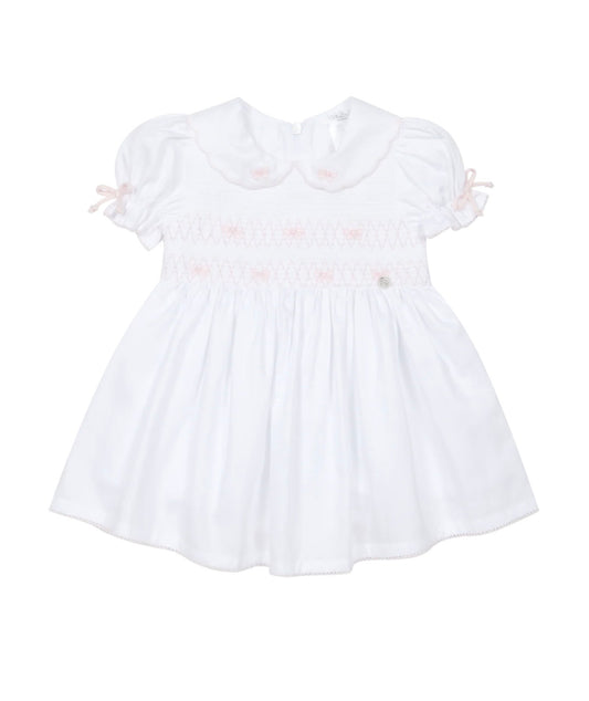 Deolinda white & pink bow smocked cotton dress