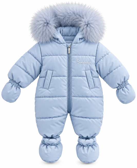 Bimbalo baby blue fox hur hood pram suit