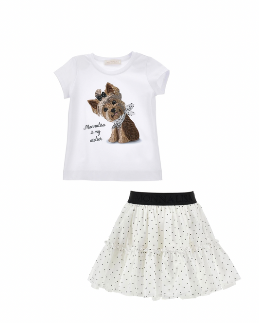 PRE ORDER - monnalisa black & white puppy polka dot tulle skirt set