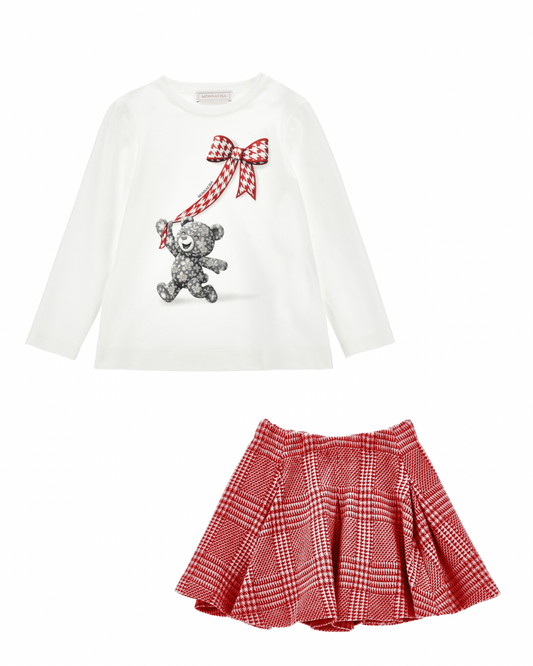 PRE ORDER - monnalisa red teddy tog tooth kilt skirt set