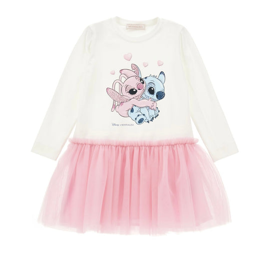 Monnalisa white & pink tulle stitch X angel dress