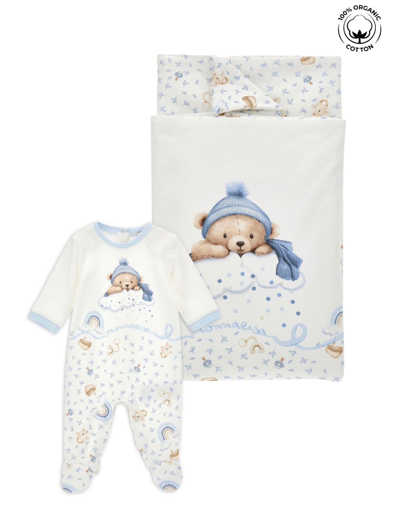Monnalisa blue & white teddy baby-grow & blanket set