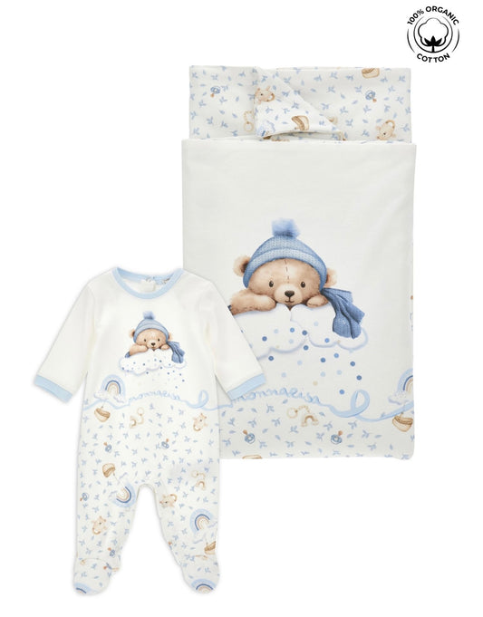 Monnalisa blue & white teddy baby-grow & blanket set