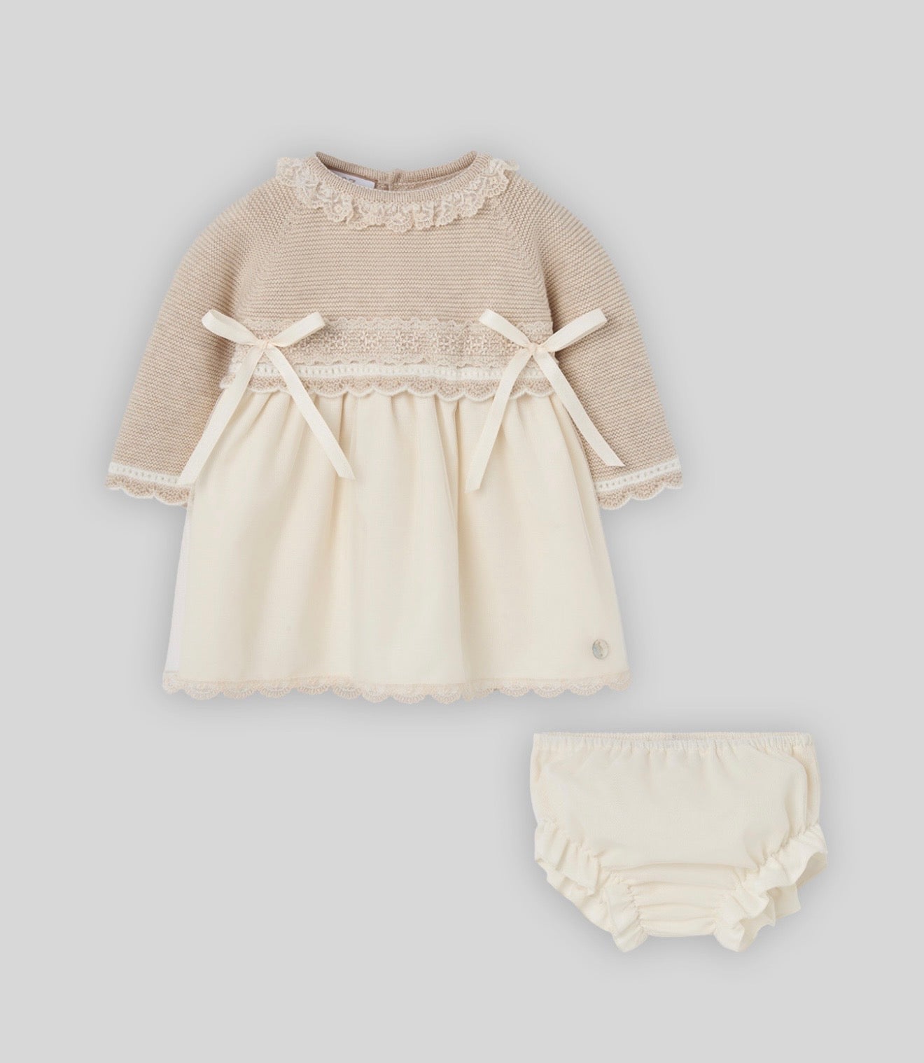 Paz Rodriguez beige & ivory half knit dress set