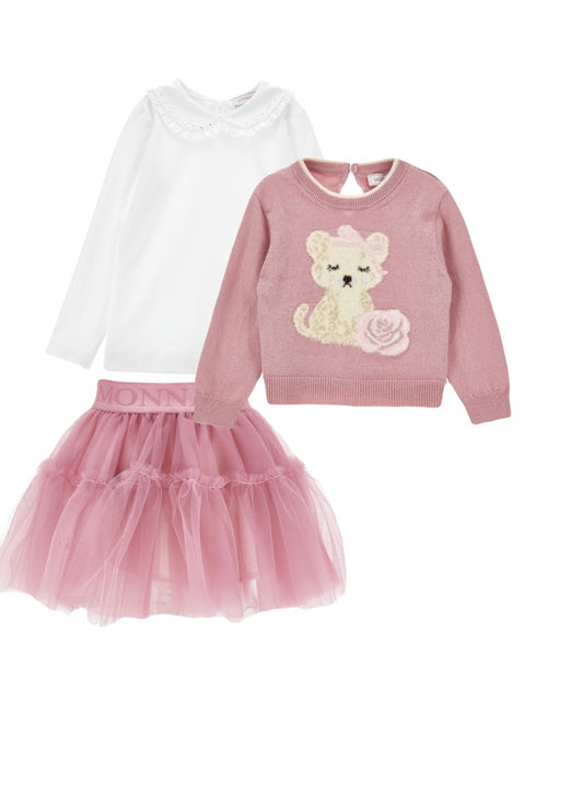 PRE ORDER - monnalisa pink teddy 3 piece tulle skirt set
