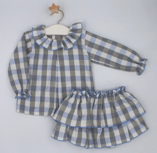 Rapife blue & grey check blouse and frilled pant set